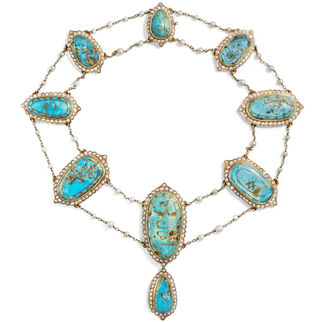 Antique Persian Gold Necklace with Engraved Turquoises & Natural Pearls