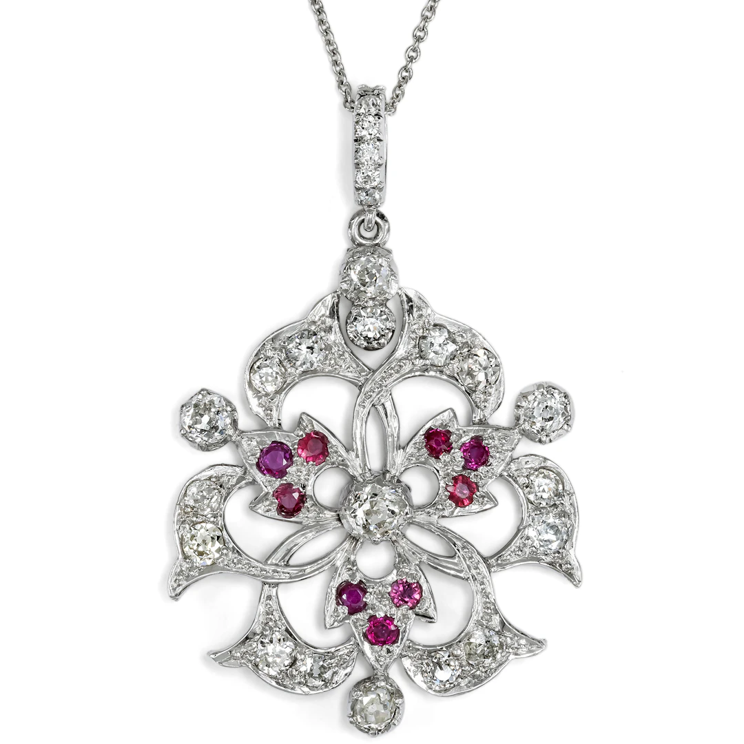 Antique Pendant with Rubies and Diamonds in Rhodium-Plated Silver