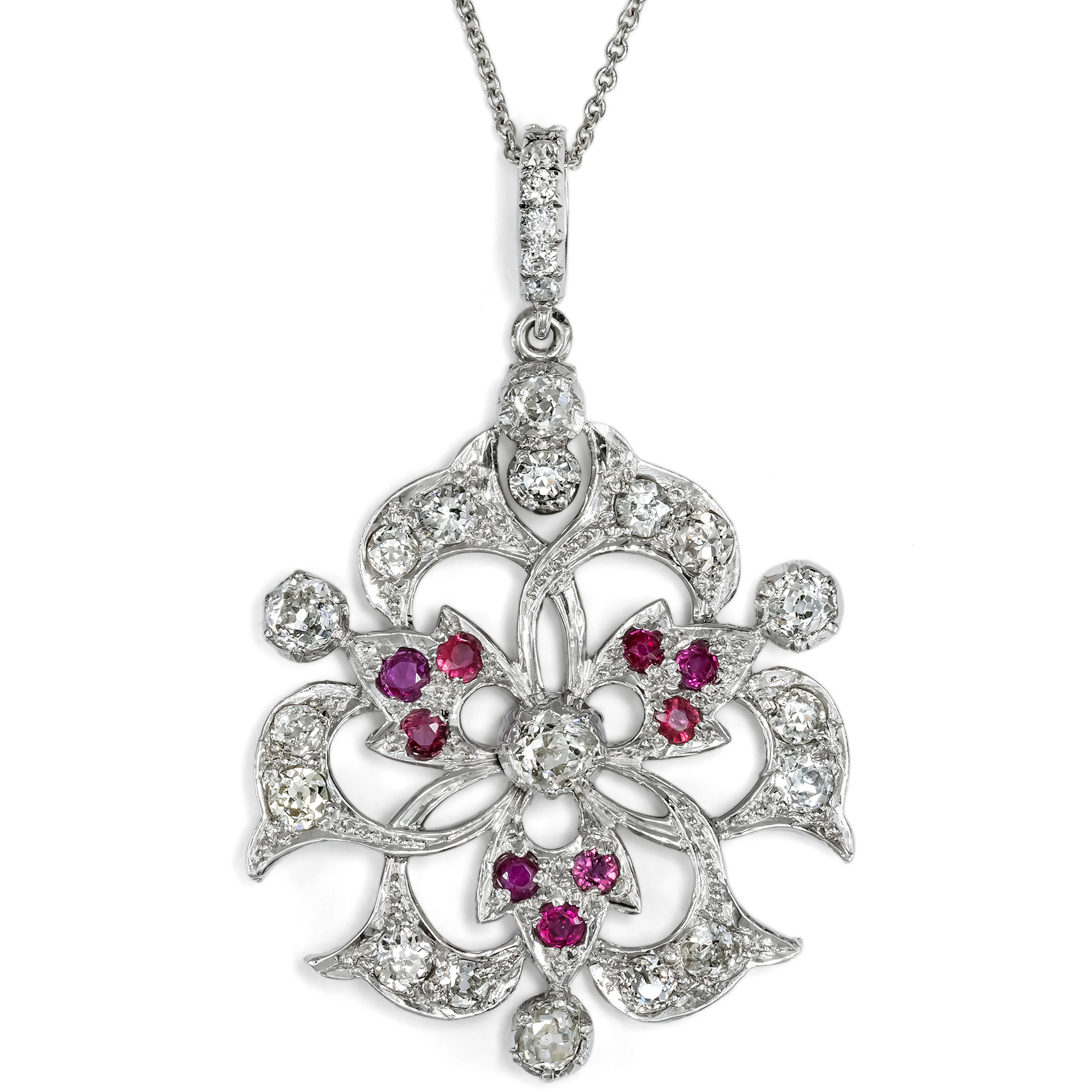 Antique Pendant with Rubies and Diamonds in Rhodium-Plated Silver
