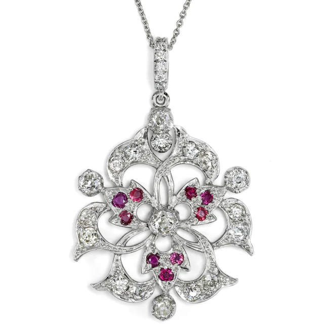 Antique Pendant with Rubies and Diamonds in Rhodium-Plated Silver