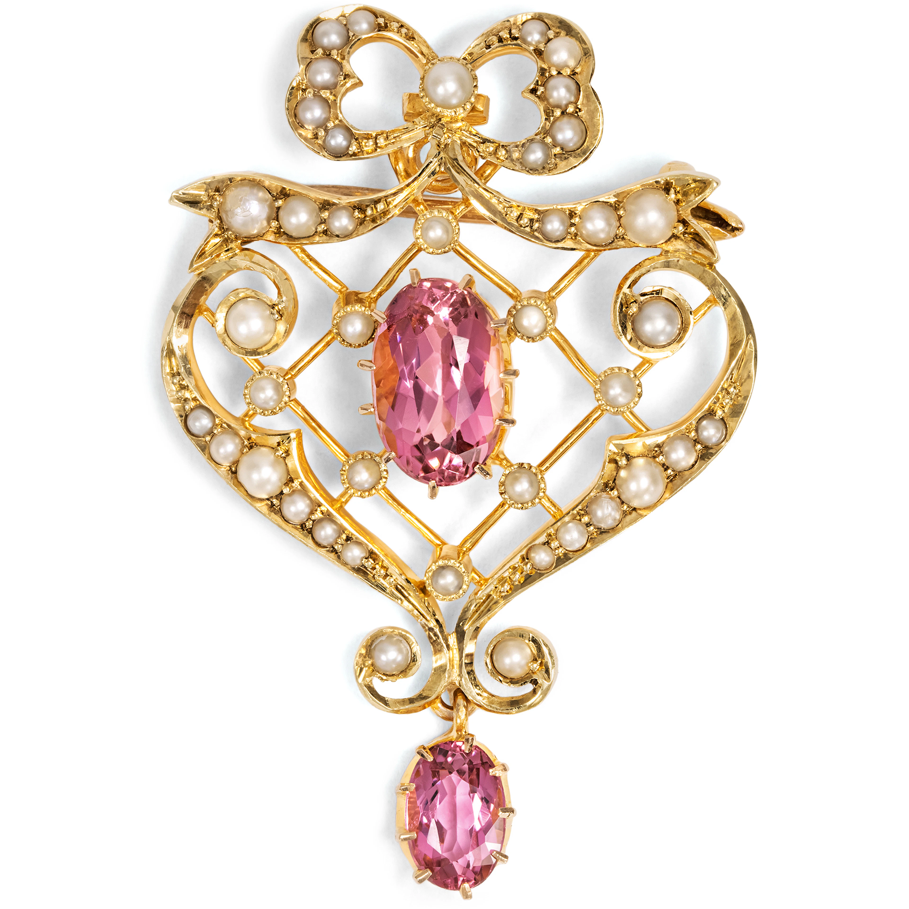 Antique Gold Brooch with Pink Tourmalines & Pearls, Great Britain c. 1905