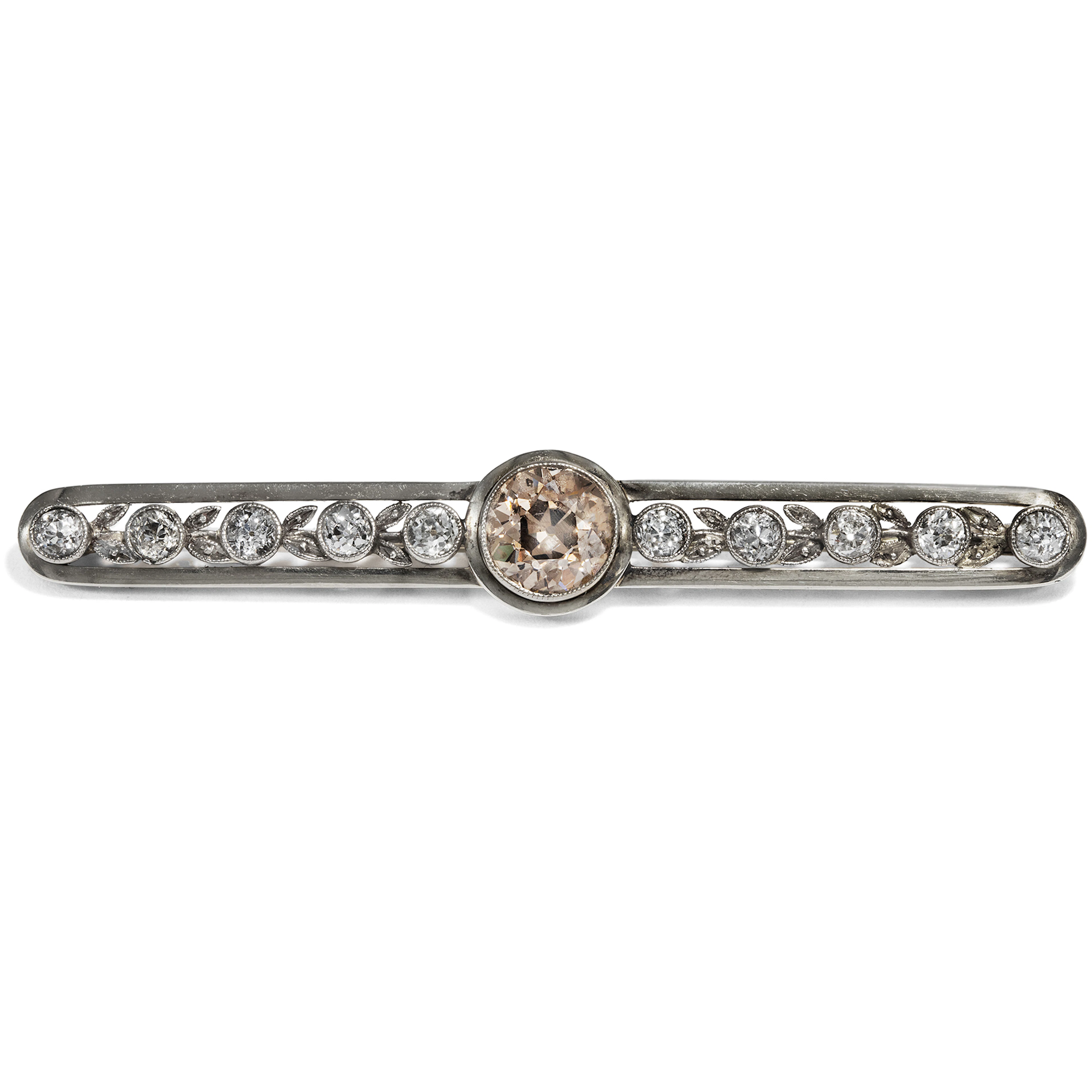 Antique Diamond Brooch With Brown Old European Cut Solitaire, Around 1910
