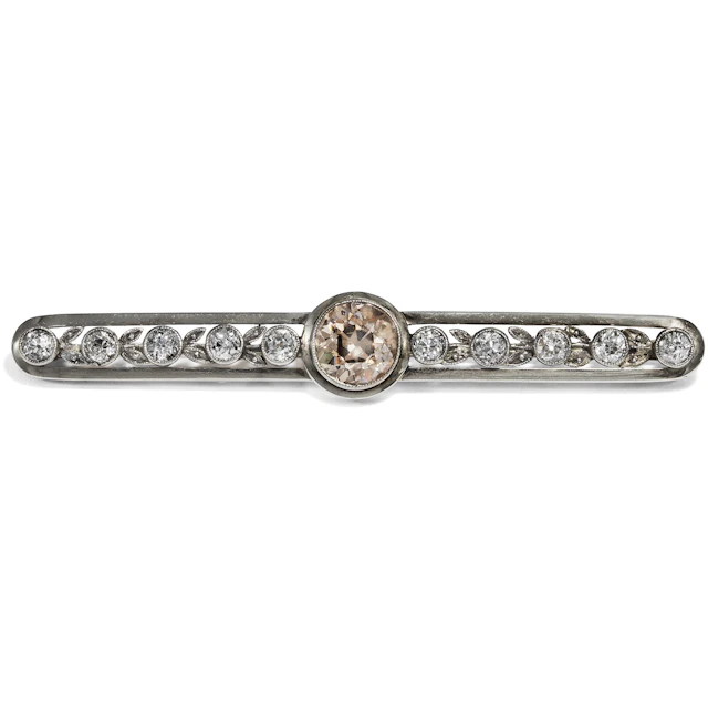 Antique Diamond Brooch With Brown Old European Cut Solitaire, Around 1910