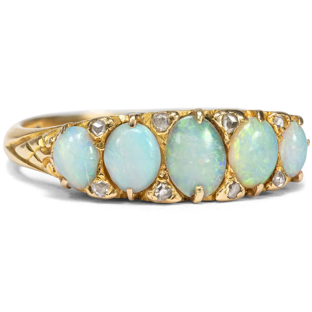 Antique "Five-Stone Ring" with Opals & Diamonds in Gold, c. 1905