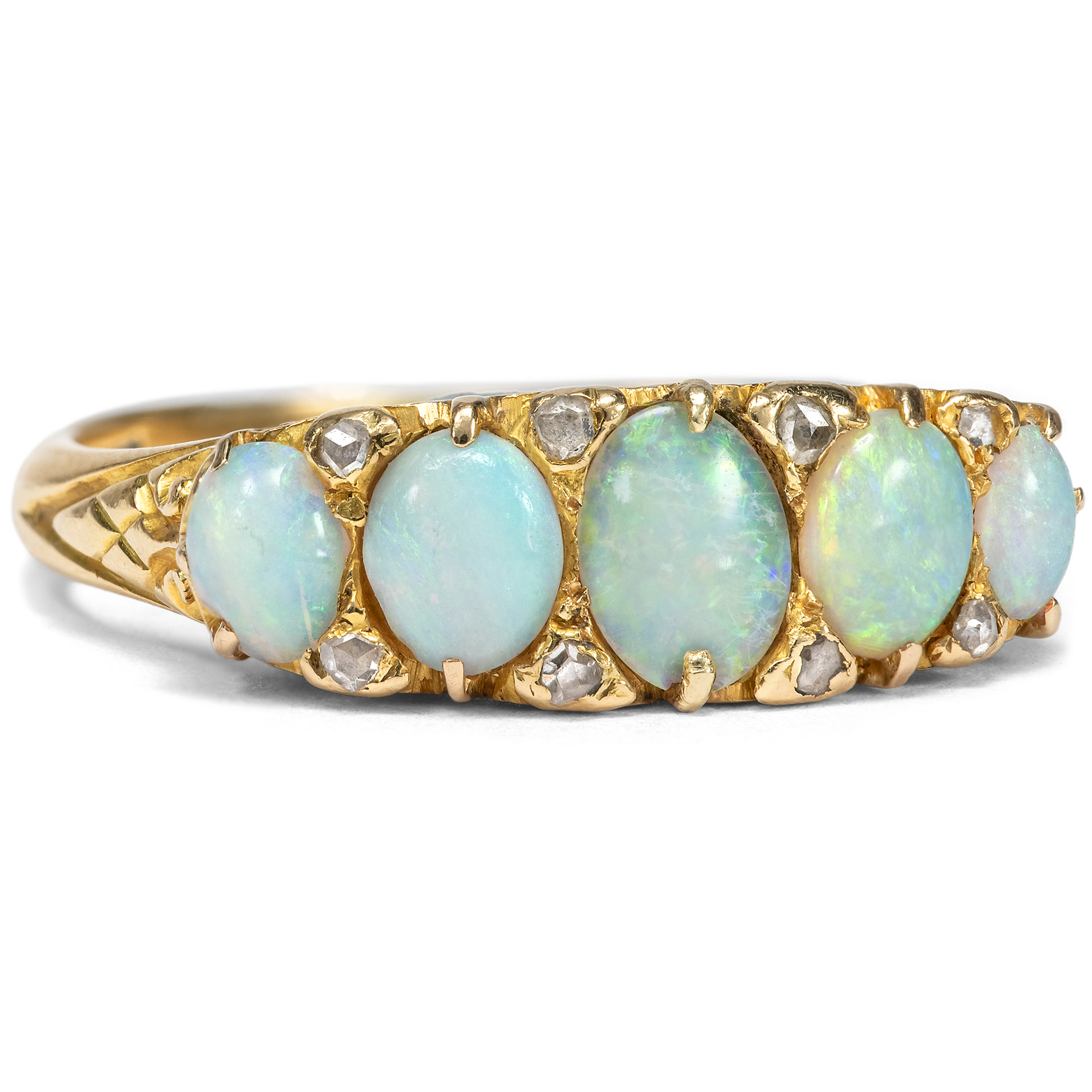 Antique "Five-Stone Ring" with Opals & Diamonds in Gold, c. 1905