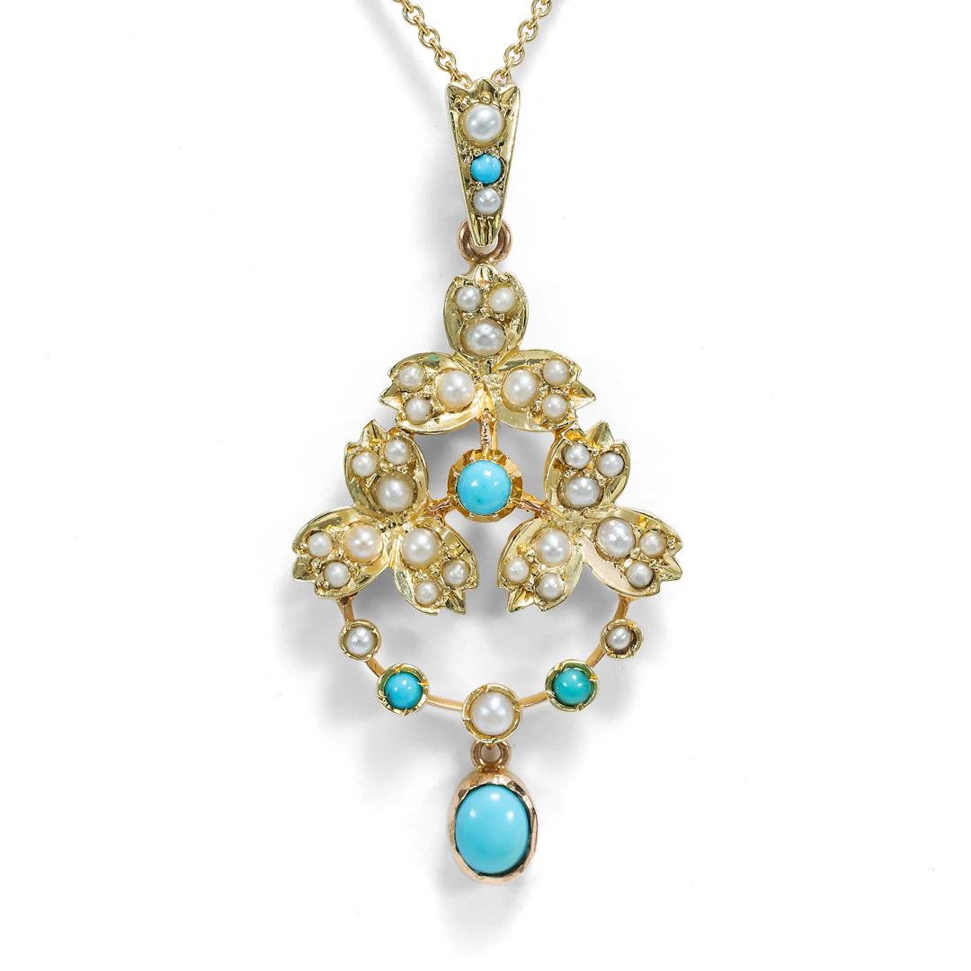 Delicate Turquoise and Pearl Pendant in Gold, British, c. 1900