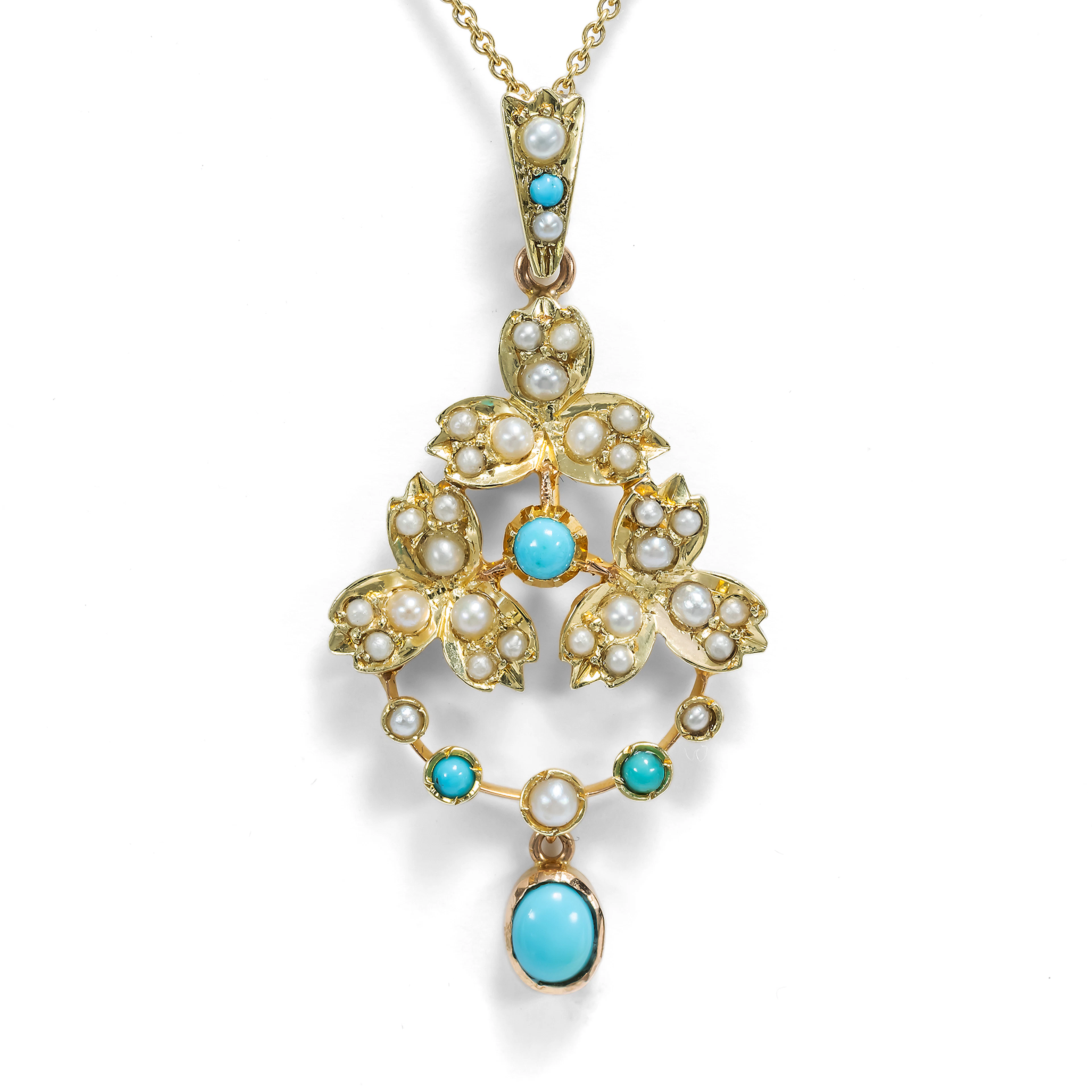 Delicate Turquoise and Pearl Pendant in Gold, British, c. 1900