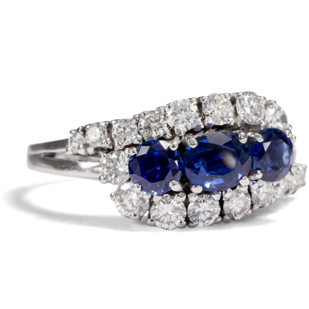 Precious Vintage Sapphire & Diamond Ring Made of White Gold, Wilhelm