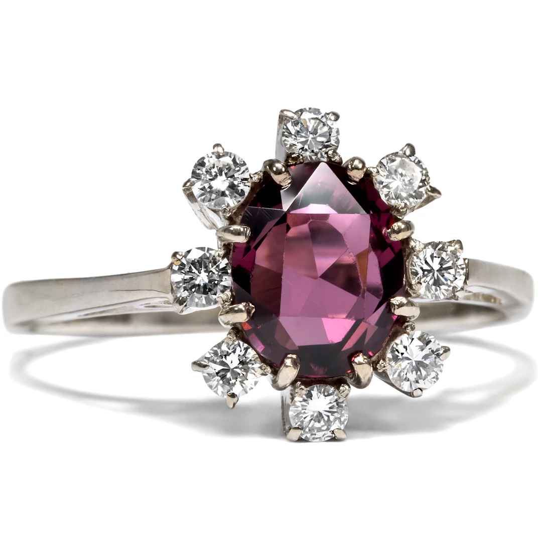 Classic Vintage Cluster Ring With Tourmaline & Diamonds in Silver, c. 1975