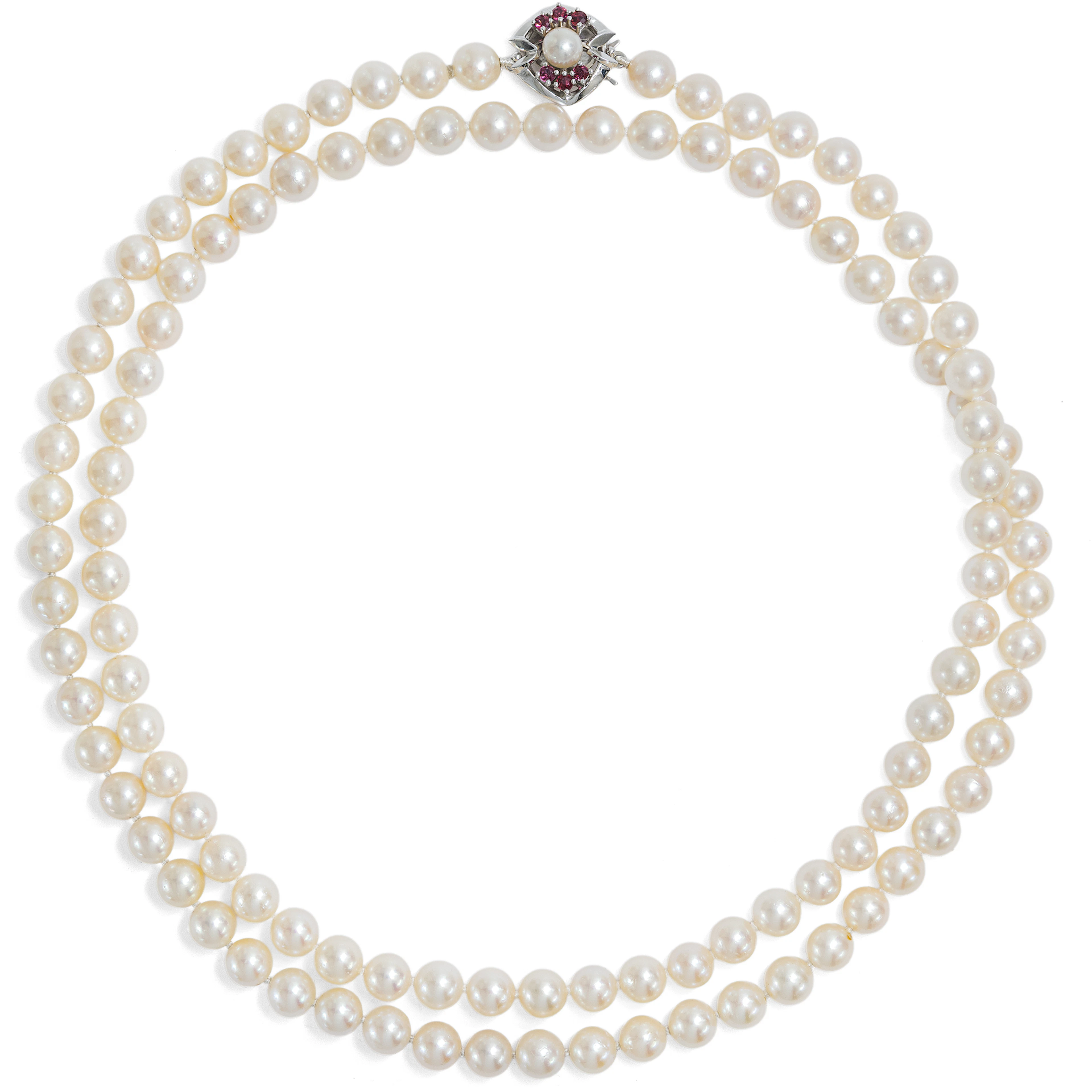 Elegant Opera Length Akoya Pearl Necklace with White Gold & Ruby Clasp, c. 1980