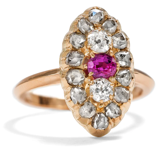 Antique Marquise Gold Ring with Pink Sapphire & Diamonds, c. 1890 & Later