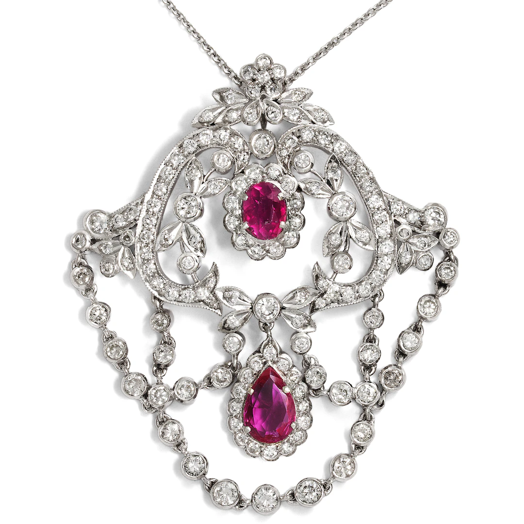 Untreated Ruby and Diamond Pendant in the Style of the Belle Époque, c. 1980