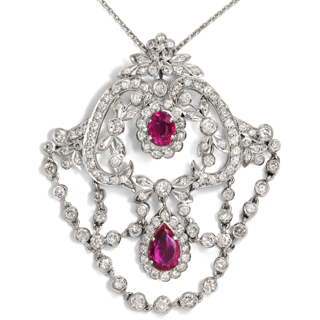 Untreated Ruby and Diamond Pendant in the Style of the Belle Époque, c. 1980