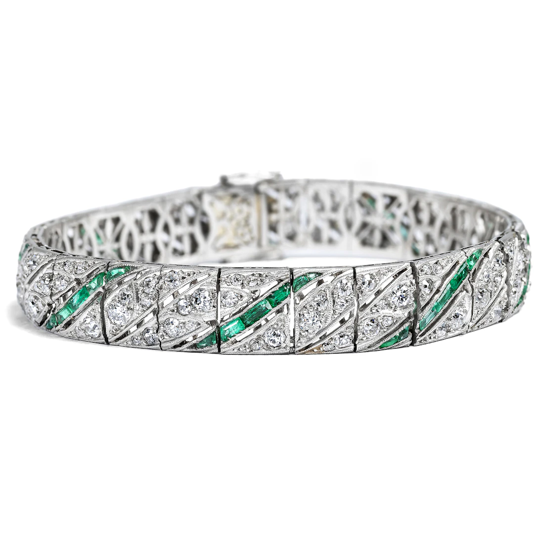 Elegant Art Déco "Line Bracelet" with Diamonds & Emeralds, Circa 1925
