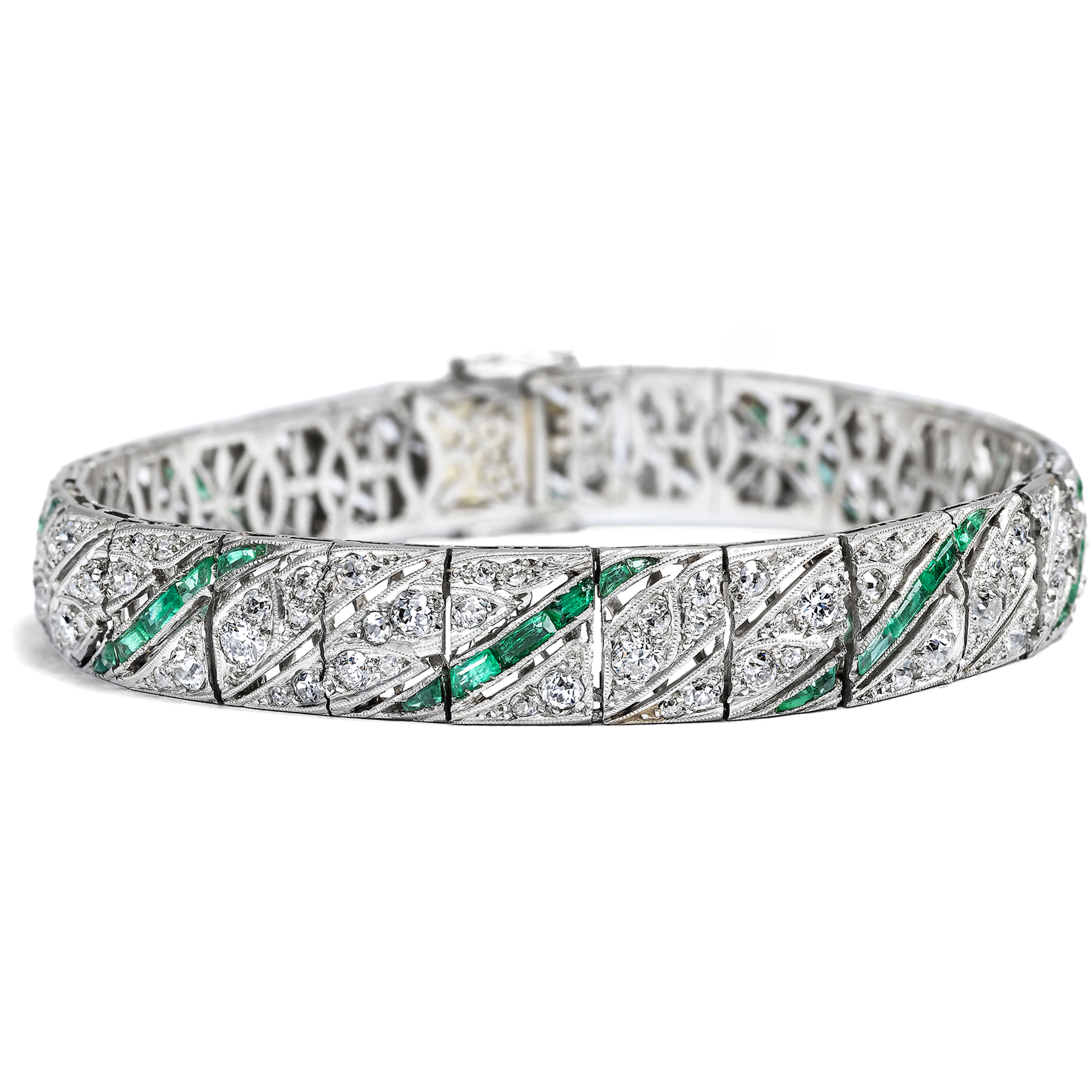 Elegant Art Déco "Line Bracelet" with Diamonds & Emeralds, Circa 1925