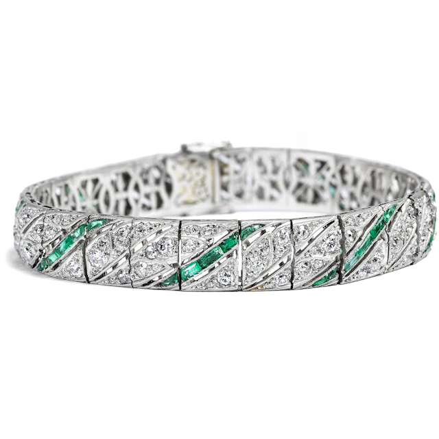 Elegant Art Déco "Line Bracelet" with Diamonds & Emeralds, Circa 1925