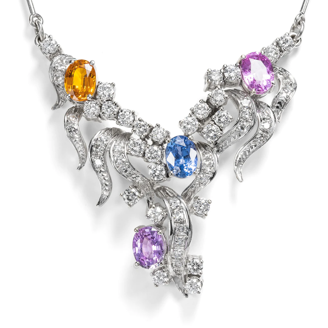 Vintage Necklace with Colourful Sapphires and Diamonds in White Gold, c. 1980