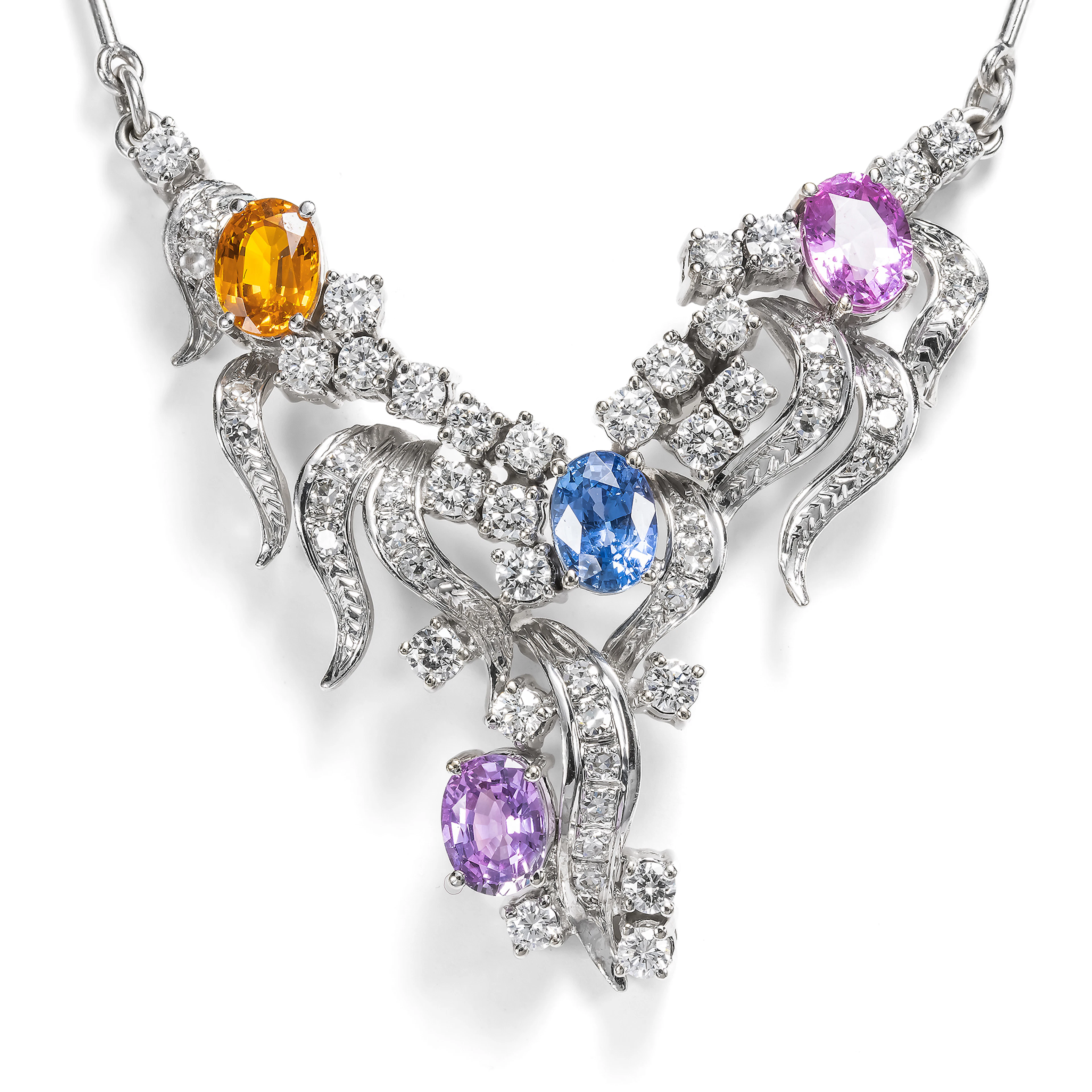 Vintage Necklace with Colourful Sapphires and Diamonds in White Gold, c. 1980