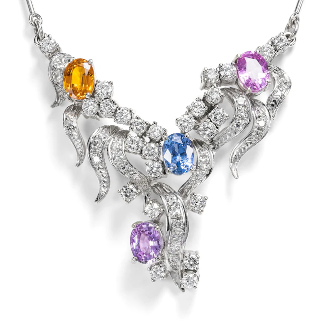 Vintage Necklace with Colourful Sapphires and Diamonds in White Gold, c. 1980