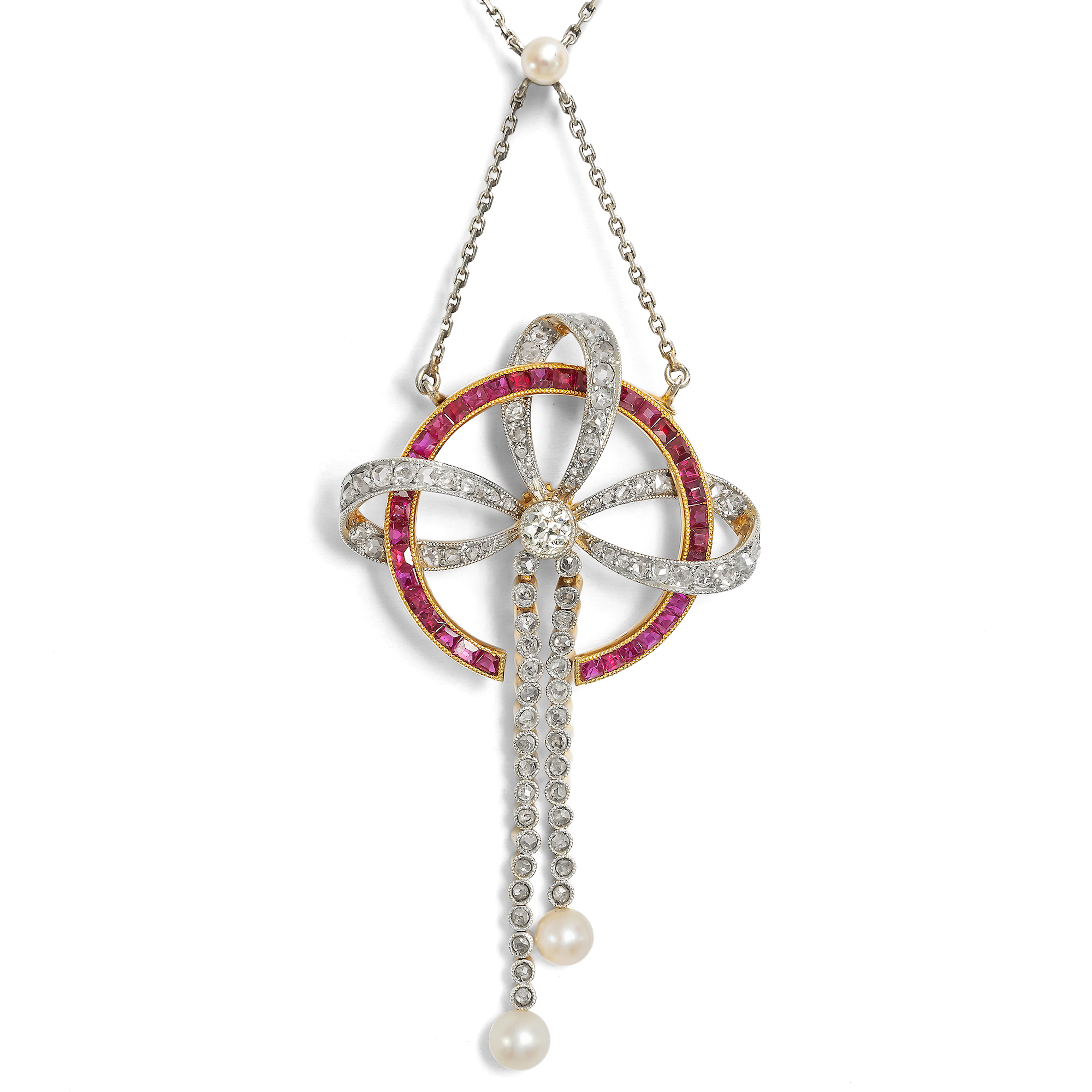Elegant necklace with diamonds, pearls & Burma rubies in platinum