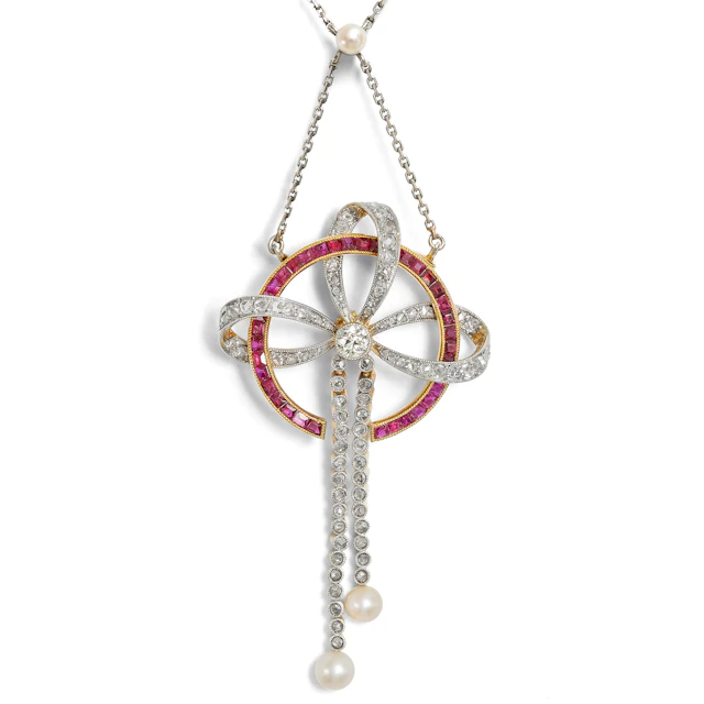 Elegant necklace with diamonds, pearls & Burma rubies in platinum