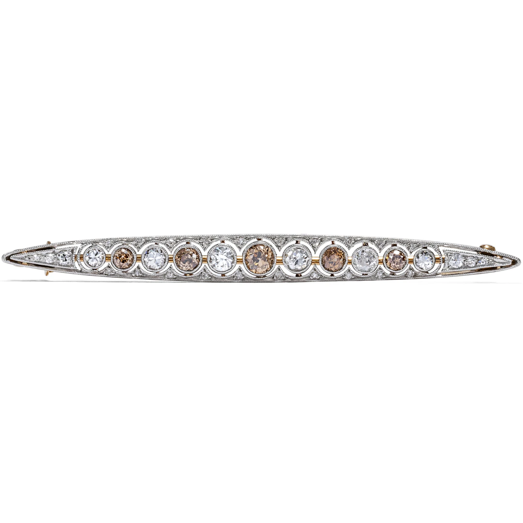 Antique Bar Brooch With White & Brown Diamonds in Platinum on Gold, c. 1925