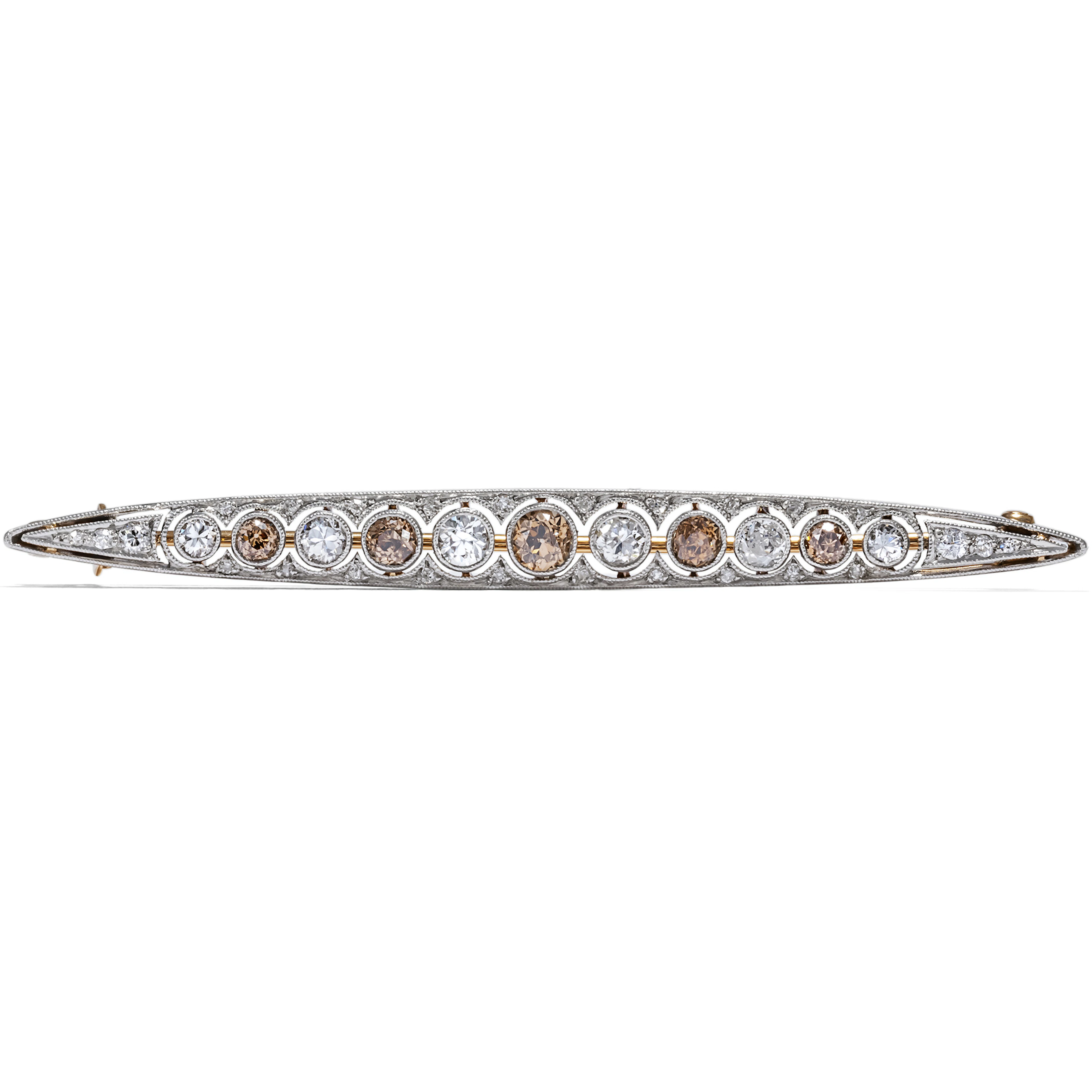 Antique Bar Brooch With White & Brown Diamonds in Platinum on Gold, c. 1925