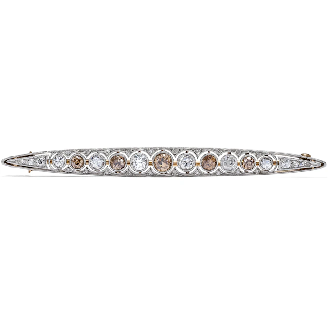 Antique Bar Brooch With White & Brown Diamonds in Platinum on Gold, c. 1925
