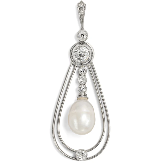 Elegant Diamond and Pearl Pendant in White Gold, c. 1925