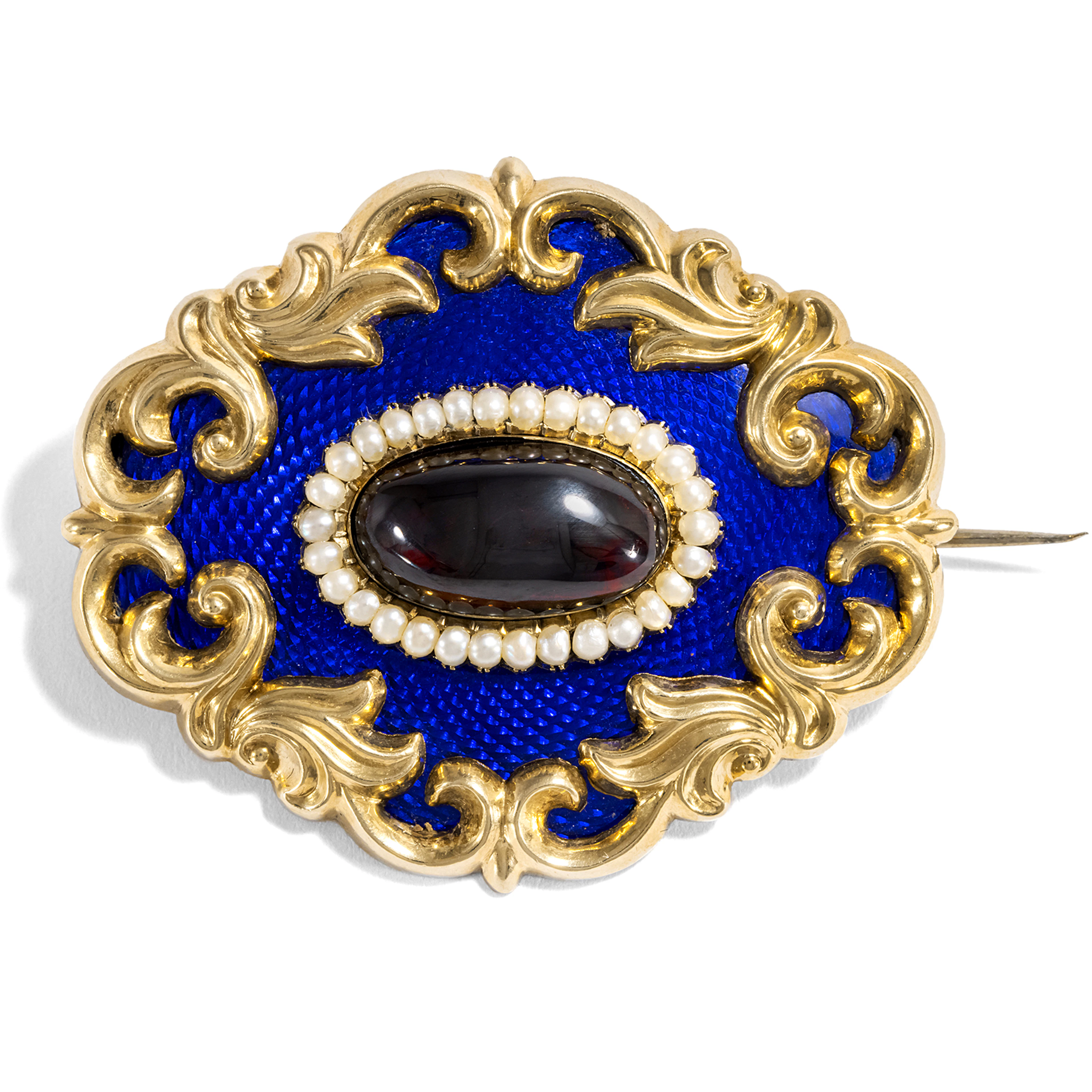 Antique Brooch With Blue Glass, Garnets & Pearls In Gold, England Around 1840