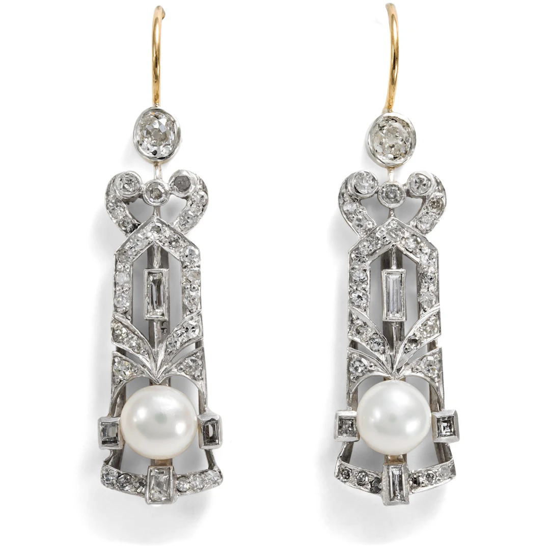 Elegant Earrings with Diamonds & Natural Pearls, c. 1910 & Later