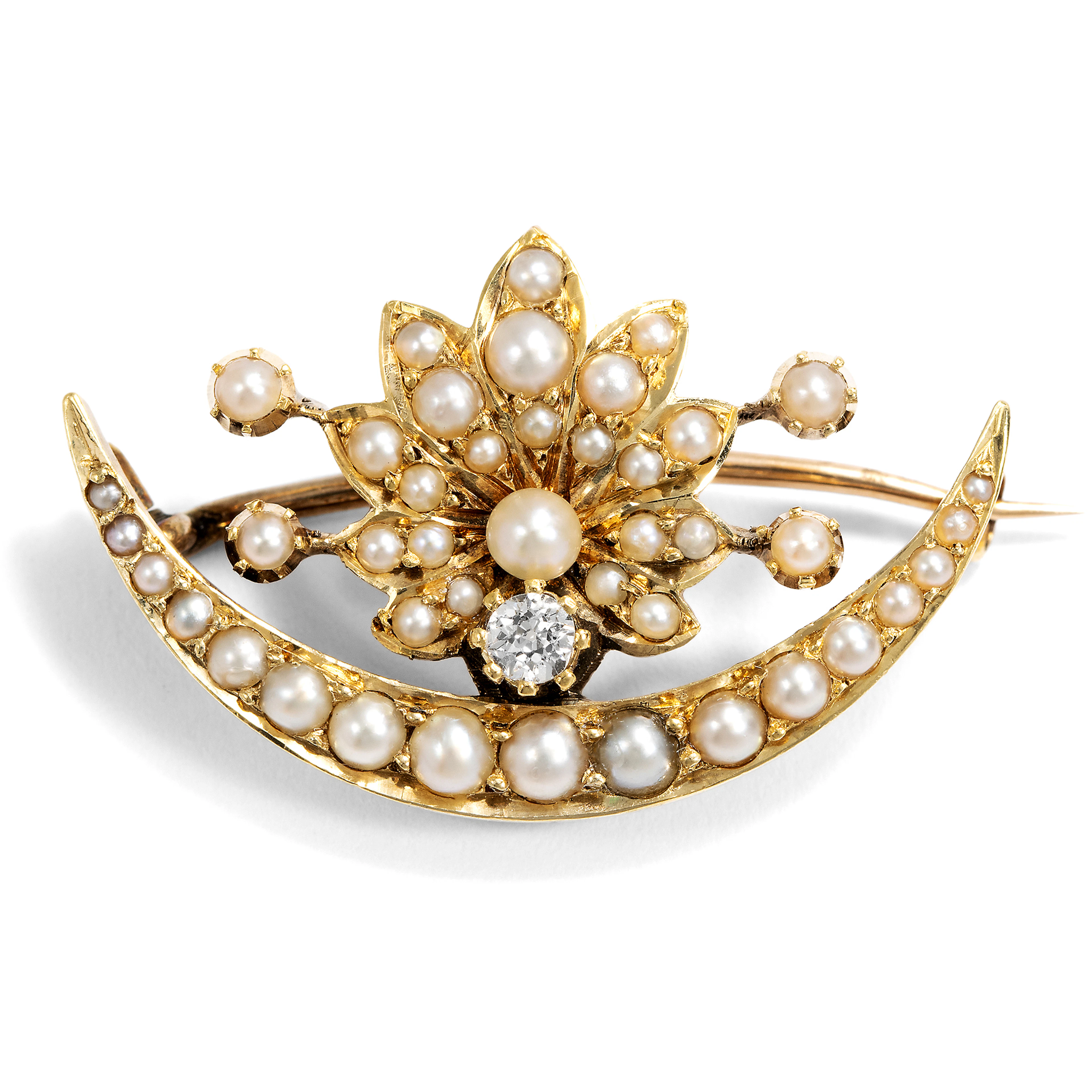 Romantic "Honeymoon" Gold Brooch with Natural Pearls & Diamond, c. 1900