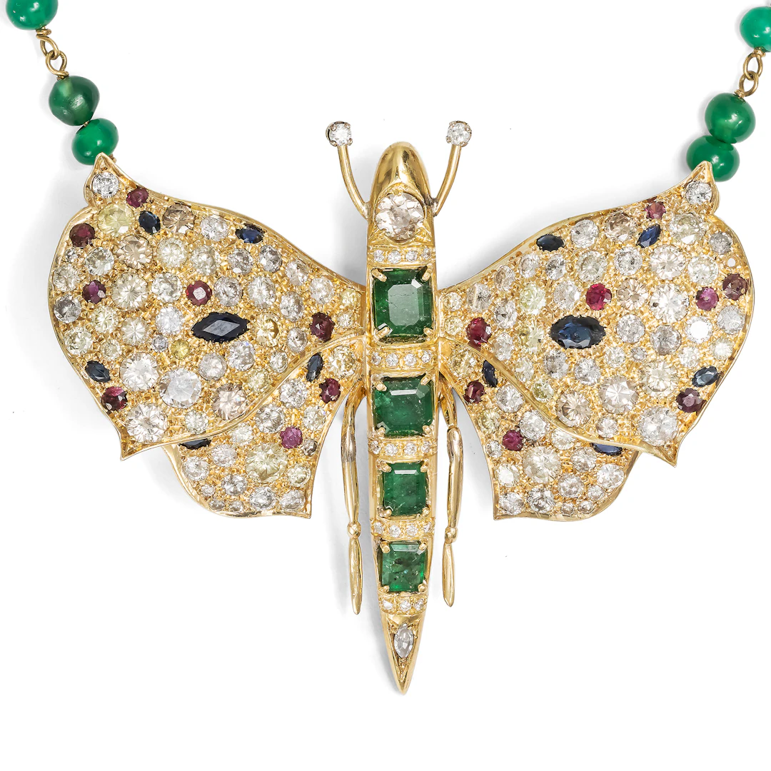 Breathtaking Butterfly Set with Gemstones in Gold, as a Brooch, Pendant