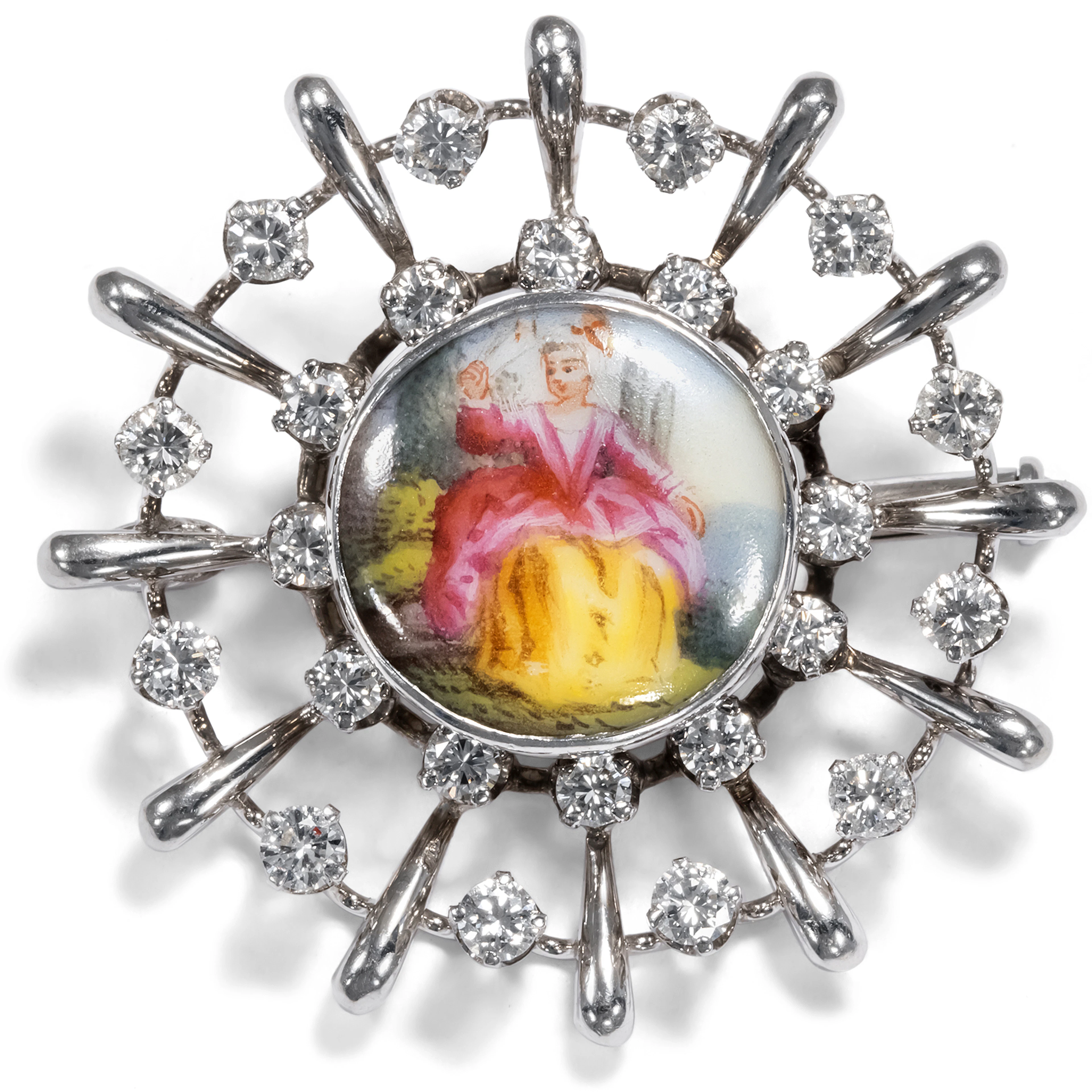 Fine Vintage Brooch With Antique Porcelain Painting & Diamonds, Circa
