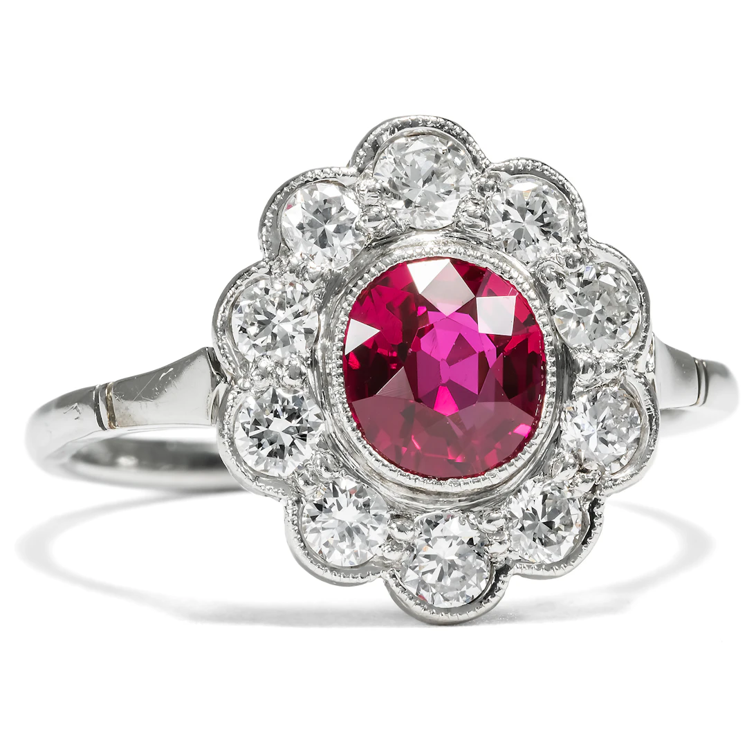 Delicate Ring with Untreated Burma Ruby & Diamonds in White Gold &