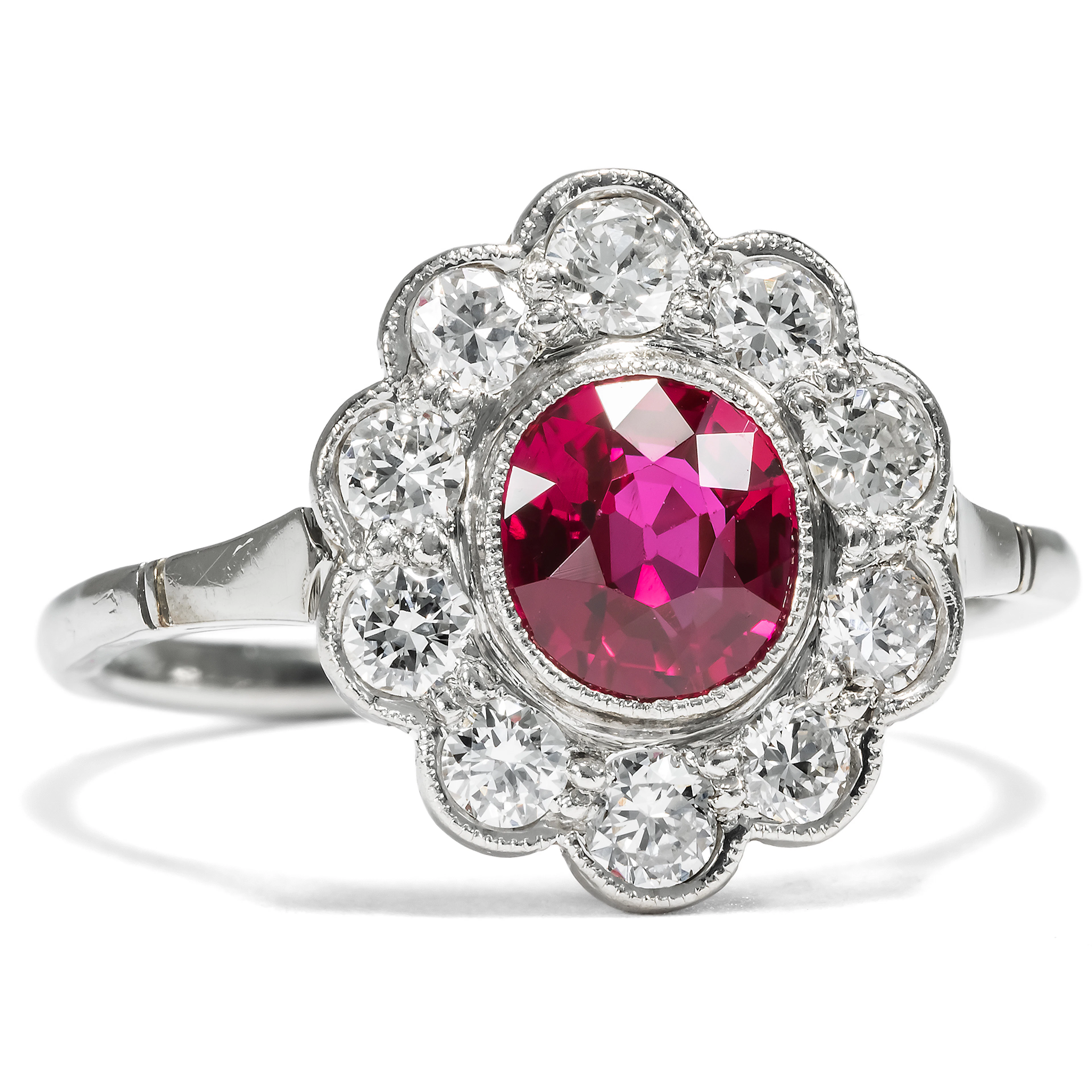 Delicate Ring with Untreated Burma Ruby & Diamonds in White Gold &