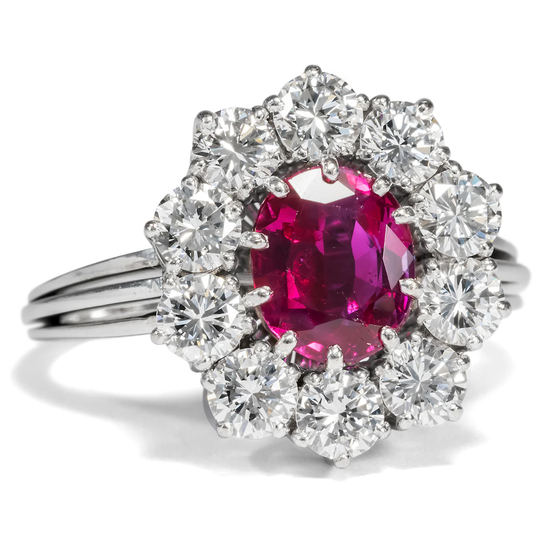 Vintage Cluster Ring With Untreated Burmese Ruby & Diamonds, c. 1975