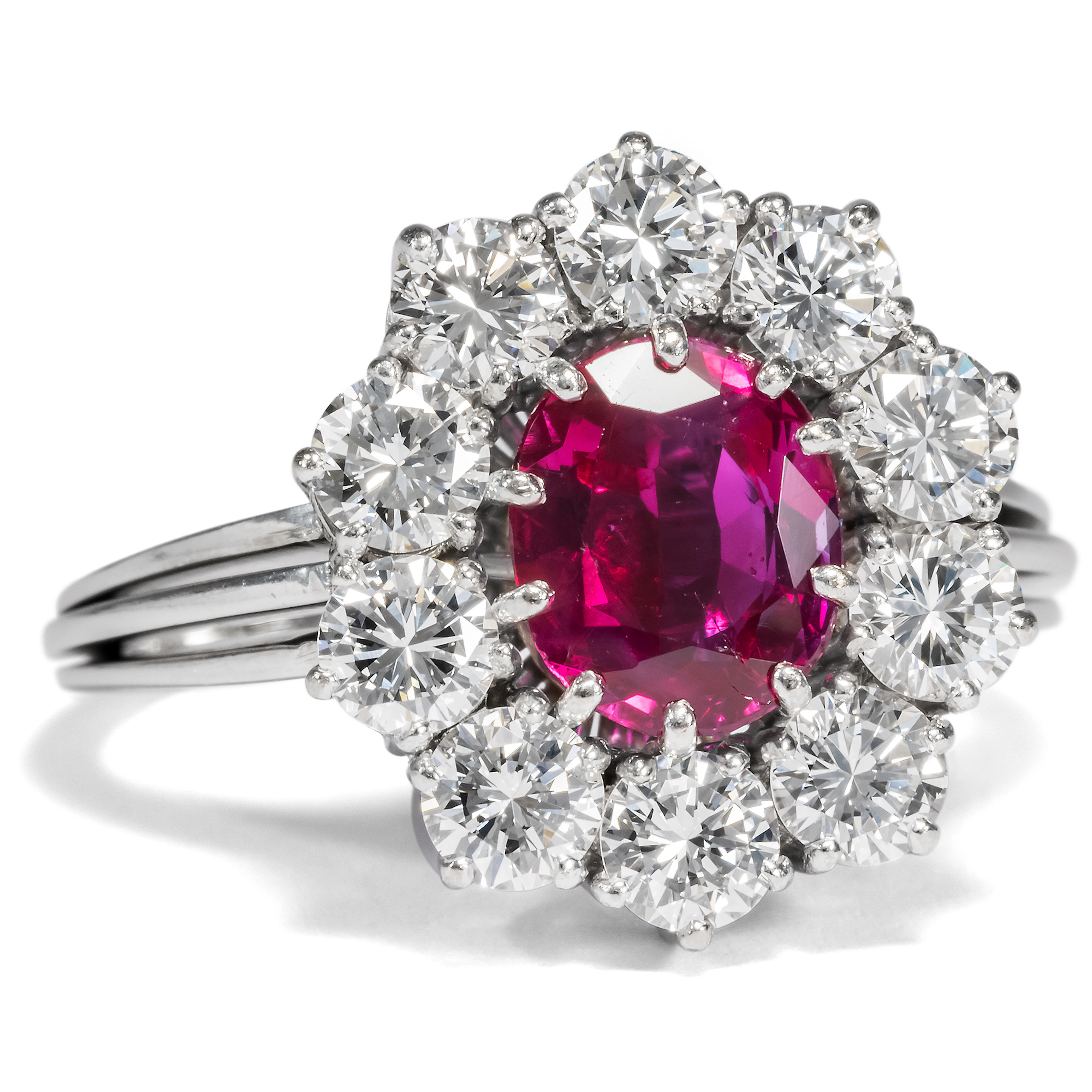 Vintage Cluster Ring With Untreated Burmese Ruby & Diamonds, c. 1975