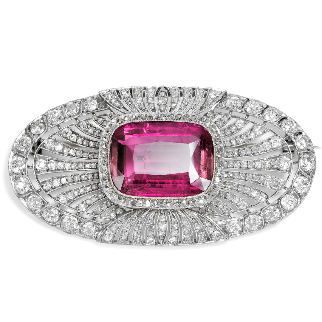 Unusual Déco Brooch with a Pink Tourmaline and Diamonds, c. 1930