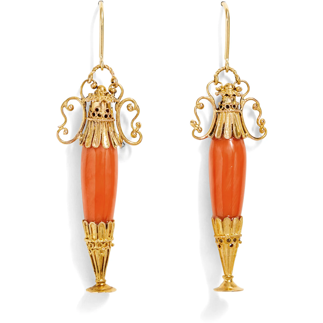 Large Amphorae Earrings with Corals in Gold, c. 1880 & Later