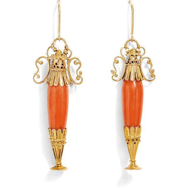 Large Amphorae Earrings with Corals in Gold, c. 1880 & Later