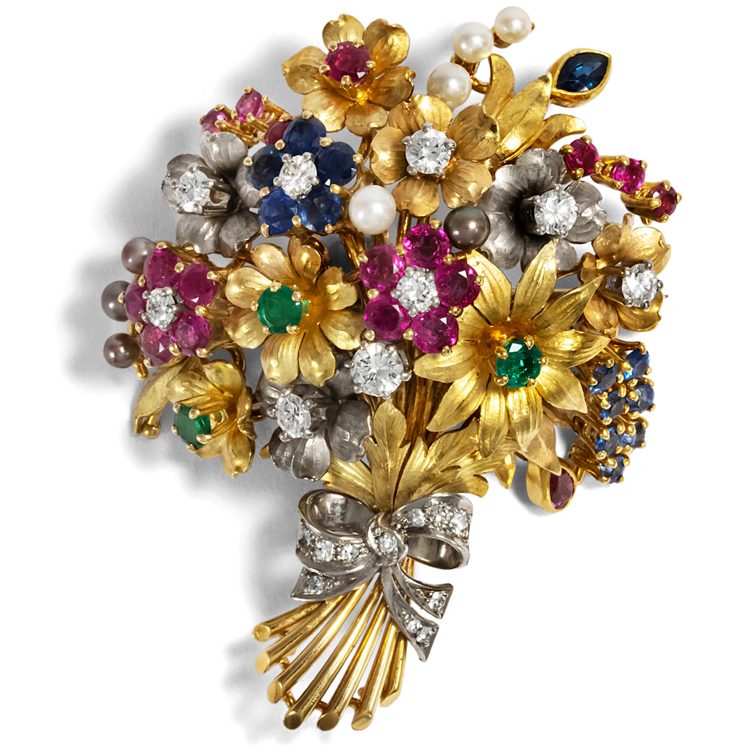 Vintage Brooch With Colourful Stones, Pearls & Diamonds in Gold, 1950s