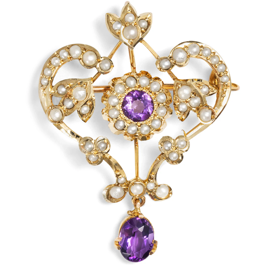 Antique Gold Pendant Brooch with Amethysts & Pearls, c. 1905