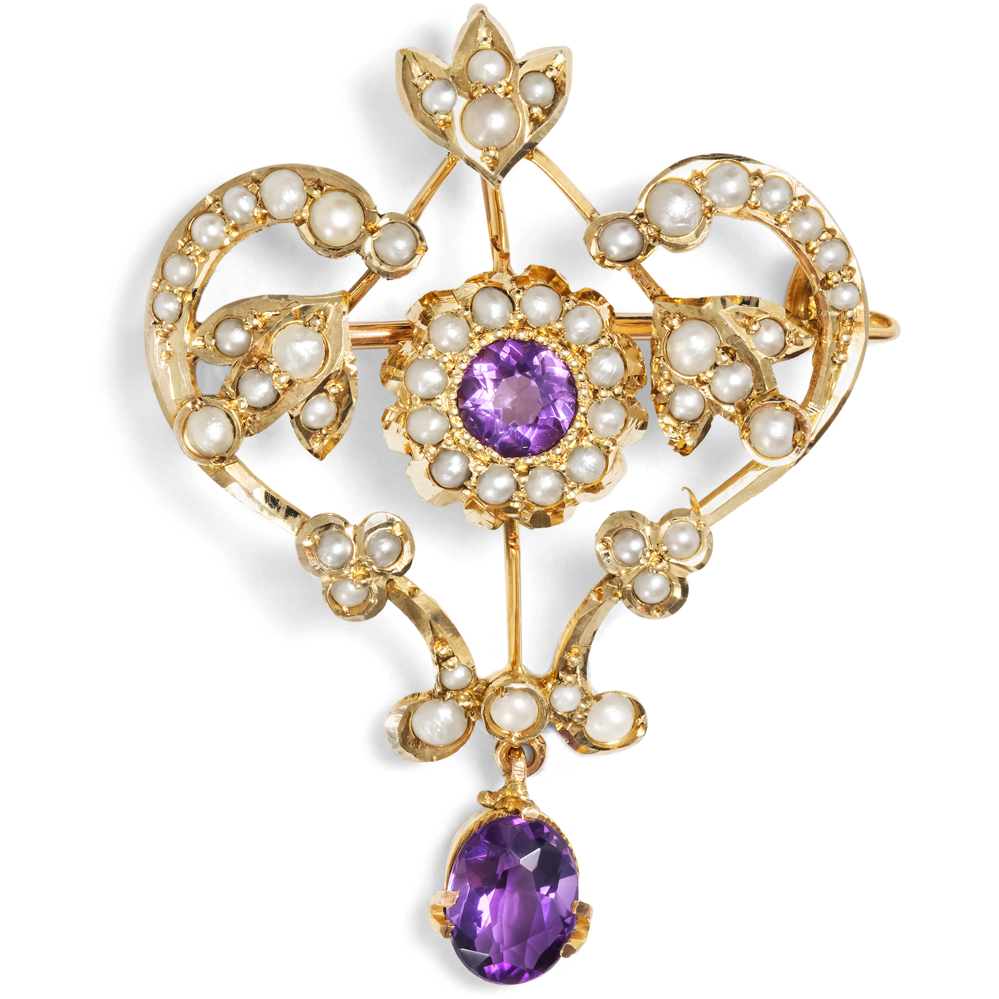 Antique Gold Pendant Brooch with Amethysts & Pearls, c. 1905