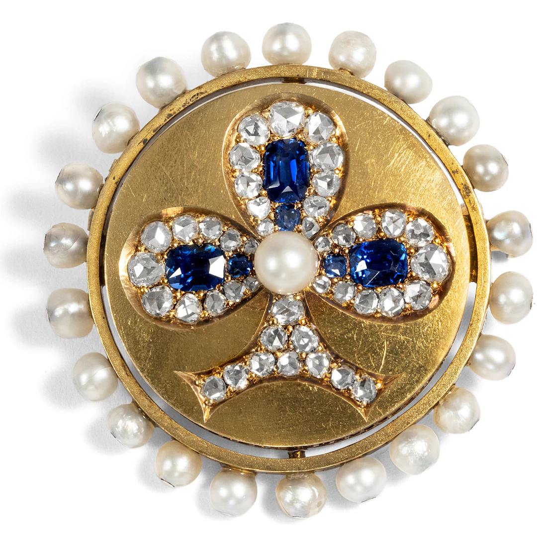 Exquisite Antique Brooch With Sapphires, Diamonds & Natural Pearls