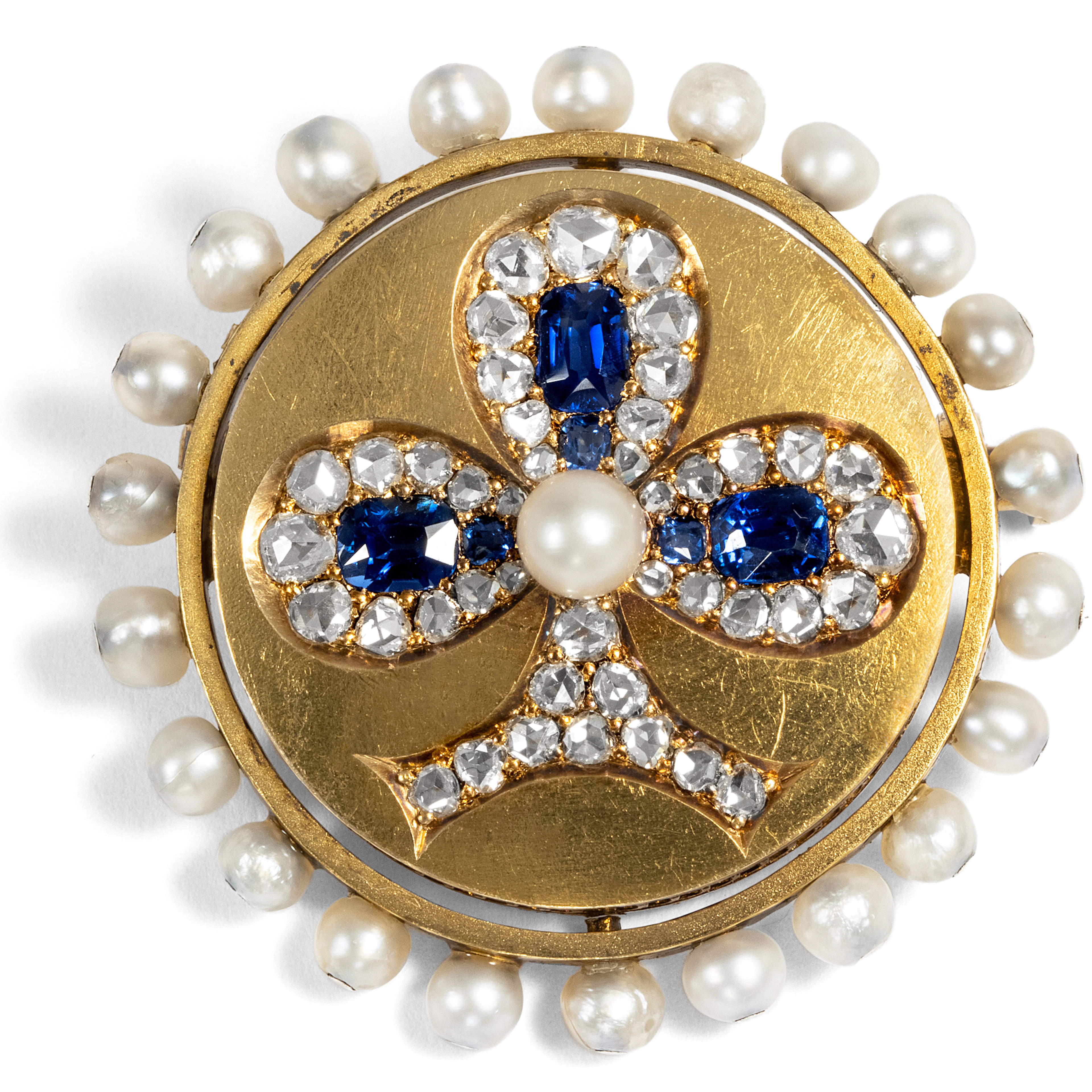 Exquisite Antique Brooch With Sapphires, Diamonds & Natural Pearls