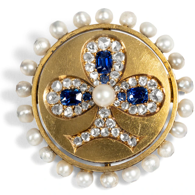 Exquisite Antique Brooch With Sapphires, Diamonds & Natural Pearls