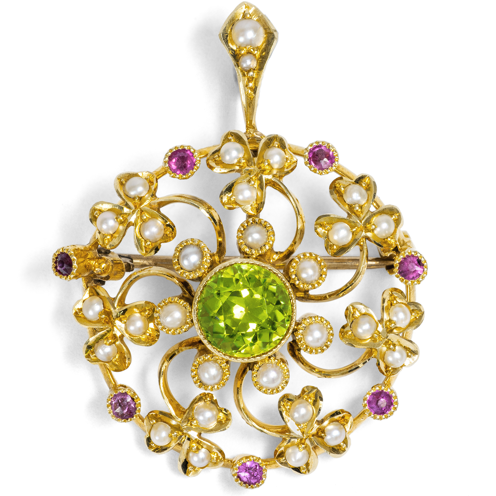 Vibrant Pendant-Brooch with Peridot, Rubies and Pears, British, c. 1900