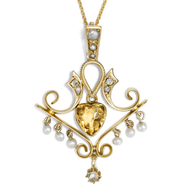 Antique Pendant with Citrine, Diamonds, and Pearls, British, c. 1900