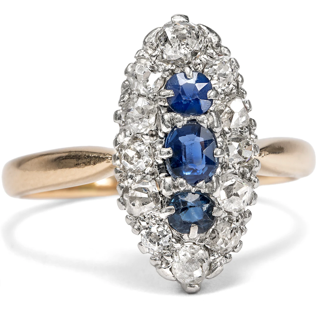 Victorian Sapphire and Diamond Ring in Silver on Gold, c. 1890